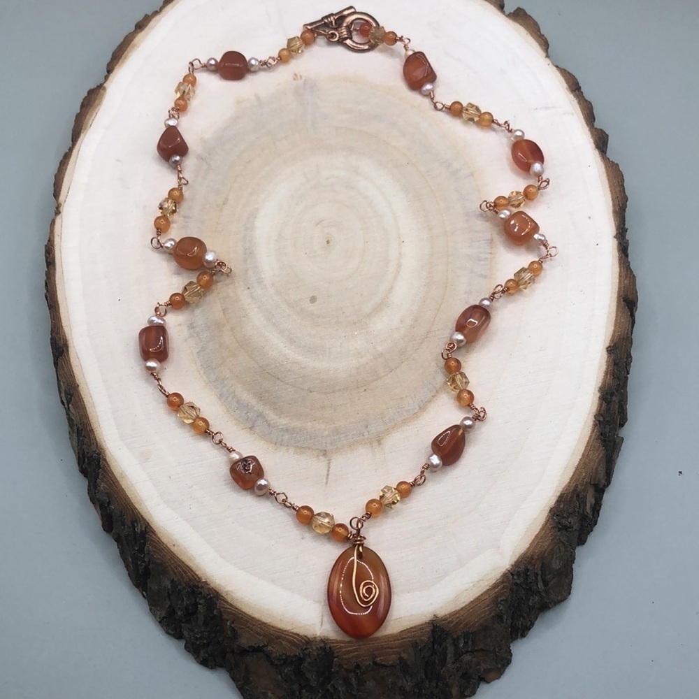 Artisan copper gemstone and pearl elegant boho style necklace